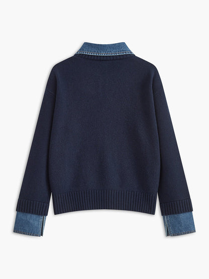 Effortless Denim Trim Polo Sweater for Women with Collar Long Sleeve Ribbed Cuff Oversized Knit Style