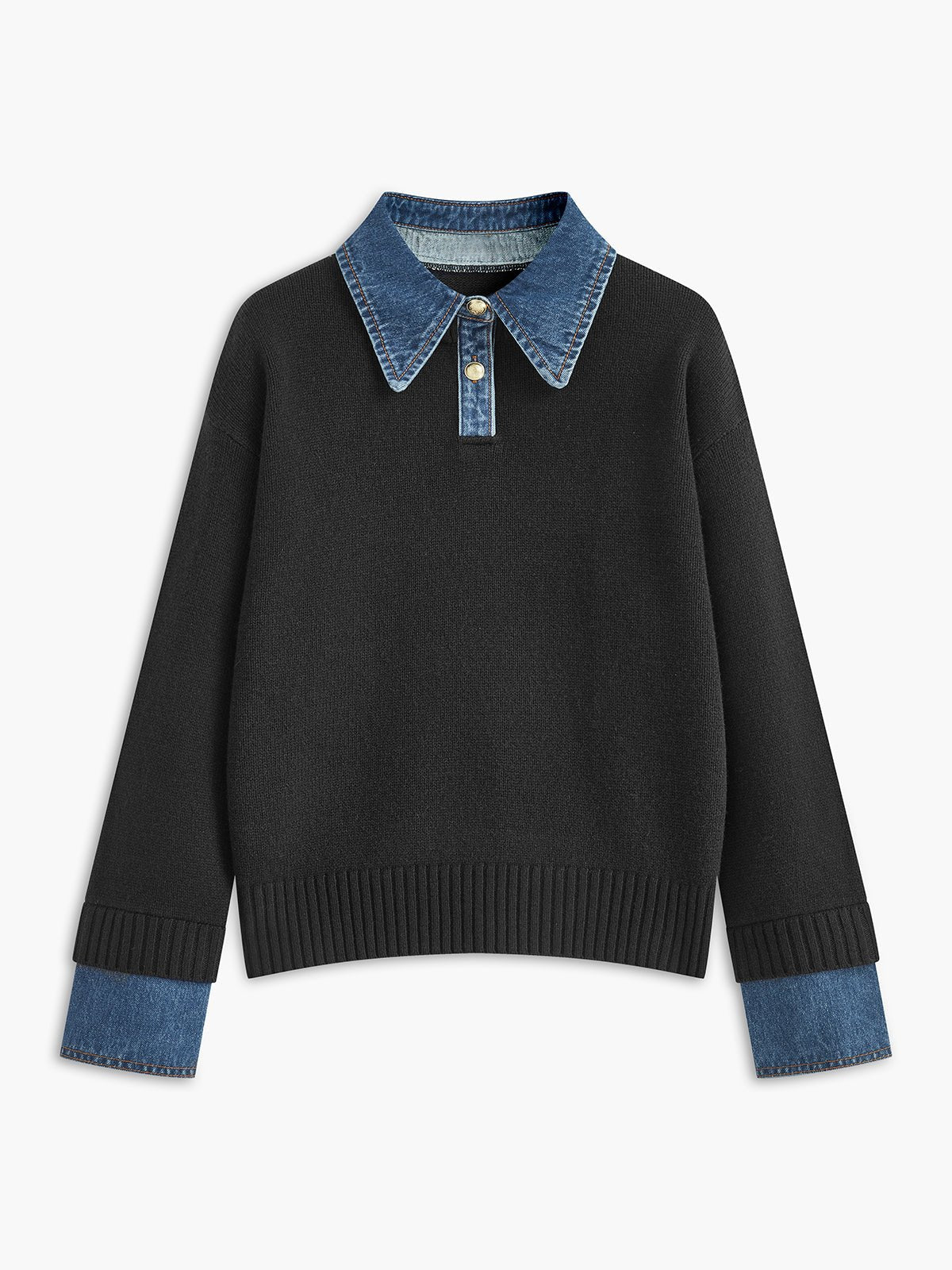 Effortless Denim Trim Polo Sweater for Women with Collar Long Sleeve Ribbed Cuff Oversized Knit Style
