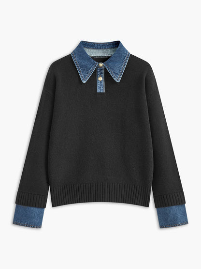 Effortless Denim Trim Polo Sweater for Women with Collar Long Sleeve Ribbed Cuff Oversized Knit Style