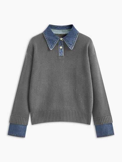 Effortless Denim Trim Polo Sweater for Women with Collar Long Sleeve Ribbed Cuff Oversized Knit Style