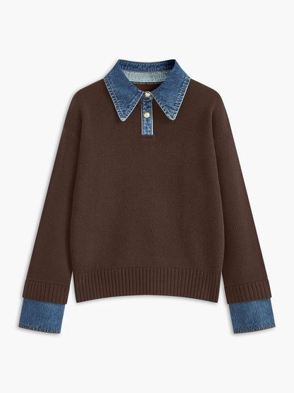 Effortless Denim Trim Polo Sweater for Women with Collar Long Sleeve Ribbed Cuff Oversized Knit Style