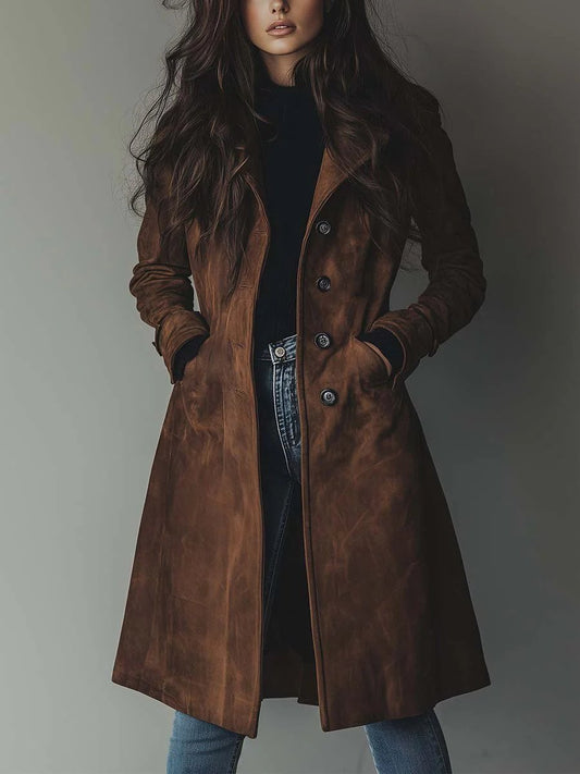 Elegant Suede Trench Coat for Women with Notch Lapel Long Sleeve Button Front Flowing Style