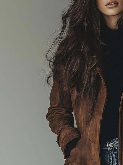 Elegant Suede Trench Coat for Women with Notch Lapel Long Sleeve Button Front Flowing Style