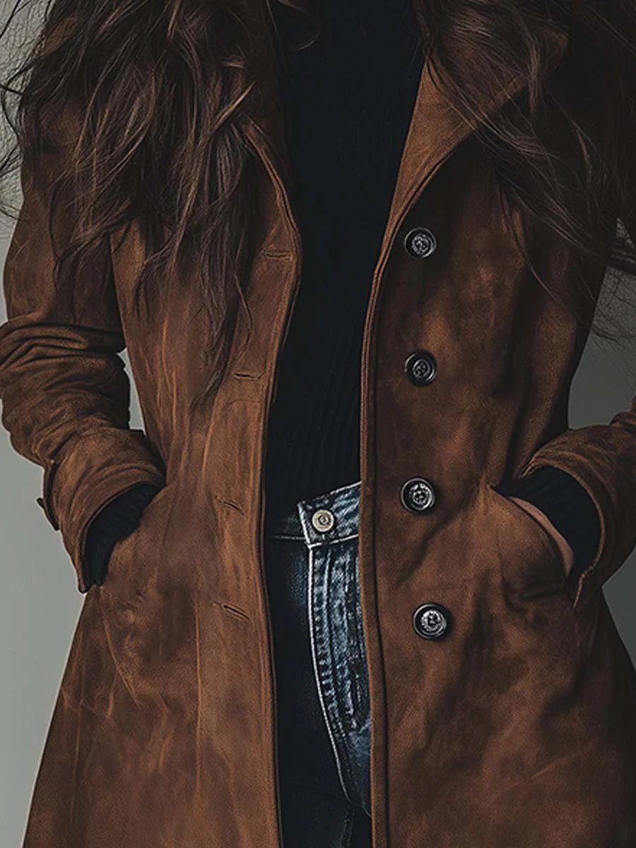 Elegant Suede Trench Coat for Women with Notch Lapel Long Sleeve Button Front Flowing Style