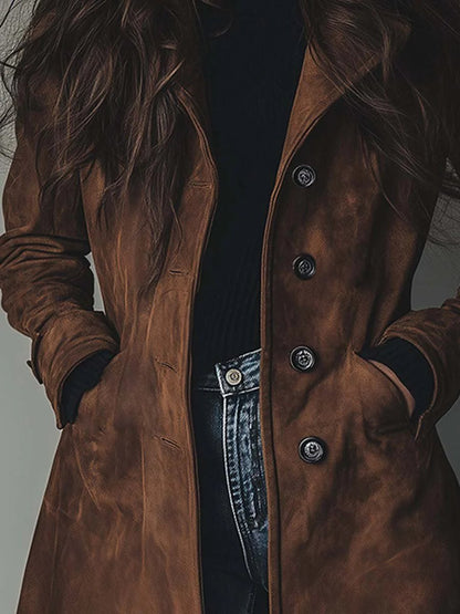 Elegant Suede Trench Coat for Women with Notch Lapel Long Sleeve Button Front Flowing Style