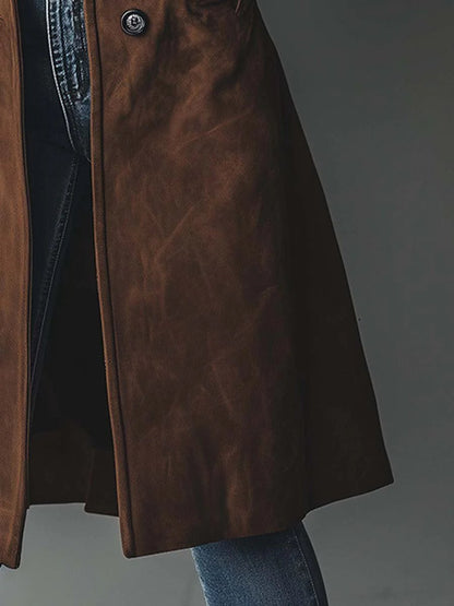 Elegant Suede Trench Coat for Women with Notch Lapel Long Sleeve Button Front Flowing Style