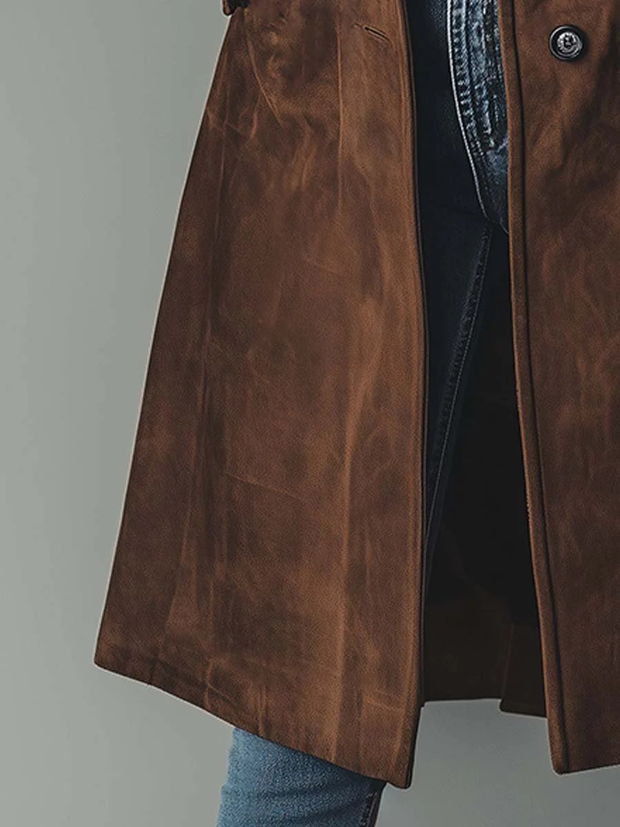 Elegant Suede Trench Coat for Women with Notch Lapel Long Sleeve Button Front Flowing Style