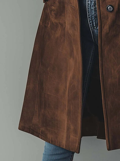 Elegant Suede Trench Coat for Women with Notch Lapel Long Sleeve Button Front Flowing Style