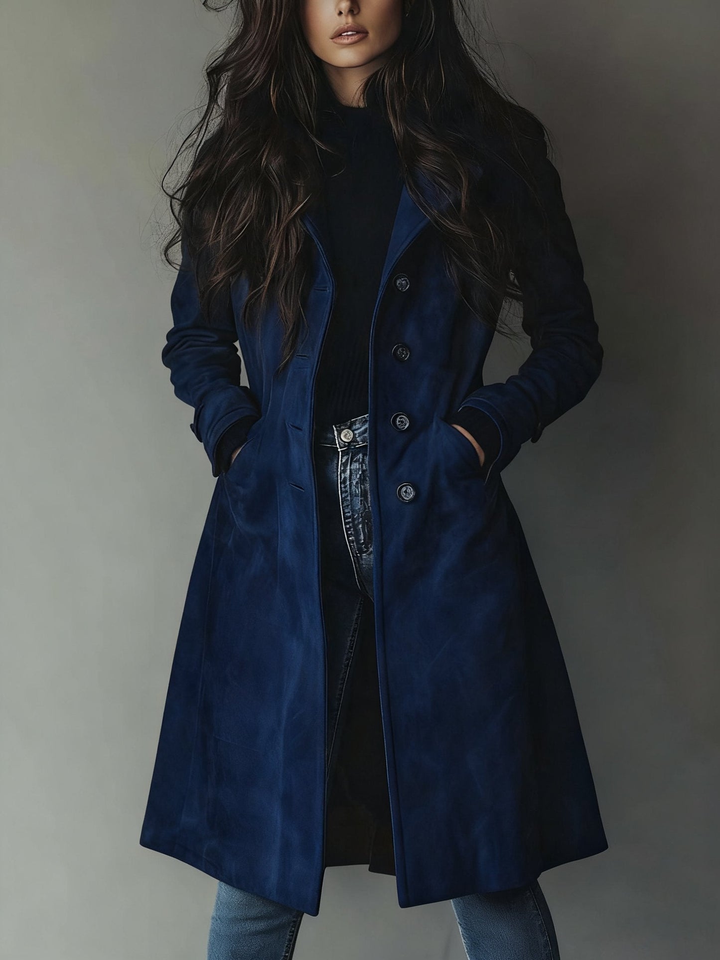 Elegant Suede Trench Coat for Women with Notch Lapel Long Sleeve Button Front Flowing Style