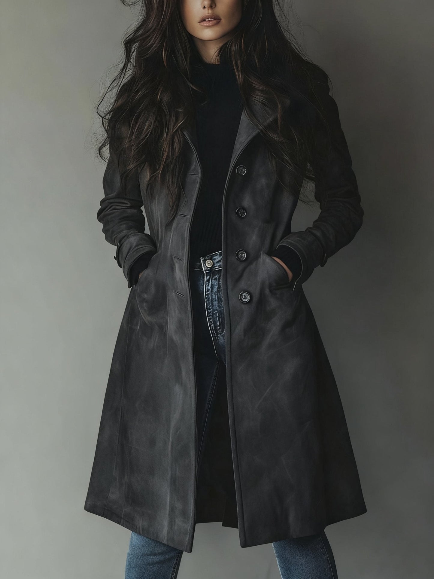 Elegant Suede Trench Coat for Women with Notch Lapel Long Sleeve Button Front Flowing Style