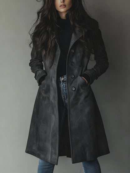 Elegant Suede Trench Coat for Women with Notch Lapel Long Sleeve Button Front Flowing Style
