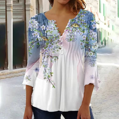 Amelia | Women's Floral Long Sleeve Relaxed-Fit Henley Blouse