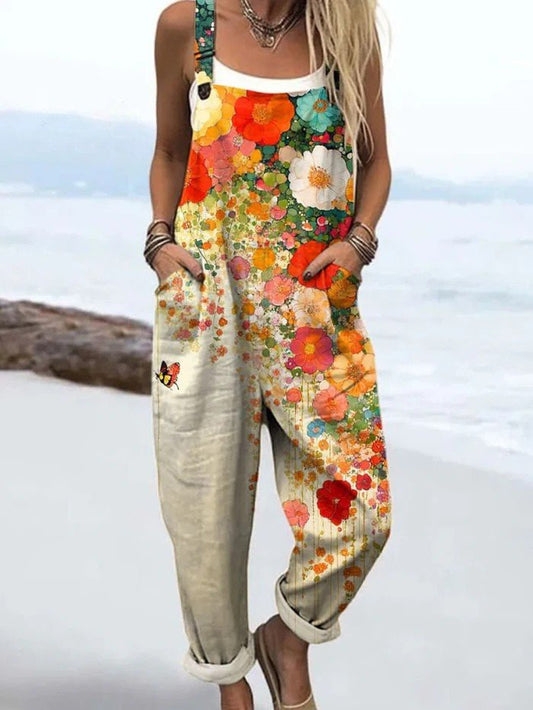 Effortless Multicolor Floral Print Jumpsuit for Women with Square Neck Sleeveless Wide Leg Bohemian Style