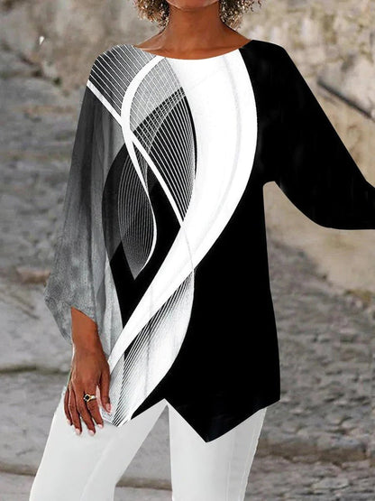 Effortless Black and White Geometric Print Tunic for Women with Round Neck Batwing Sleeve Asymmetric Hem Casual Style
