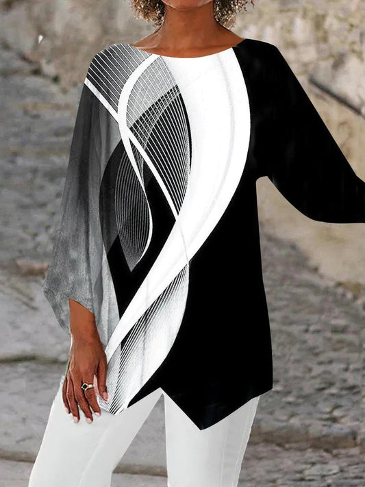 Effortless Black and White Geometric Print Tunic for Women with Round Neck Batwing Sleeve Asymmetric Hem Casual Style