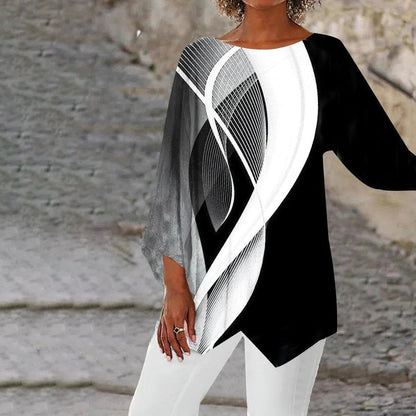 Effortless Black and White Geometric Print Tunic for Women with Round Neck Batwing Sleeve Asymmetric Hem Casual Style