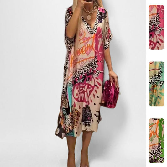 Elegant Leopard Print Kaftan Dress for Women with V Neck Batwing Sleeve Flowing Bohemian Style