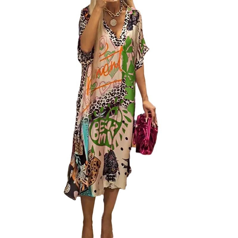 Elegant Leopard Print Kaftan Dress for Women with V Neck Batwing Sleeve Flowing Bohemian Style