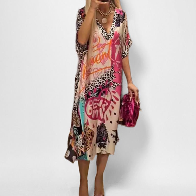 Elegant Leopard Print Kaftan Dress for Women with V Neck Batwing Sleeve Flowing Bohemian Style