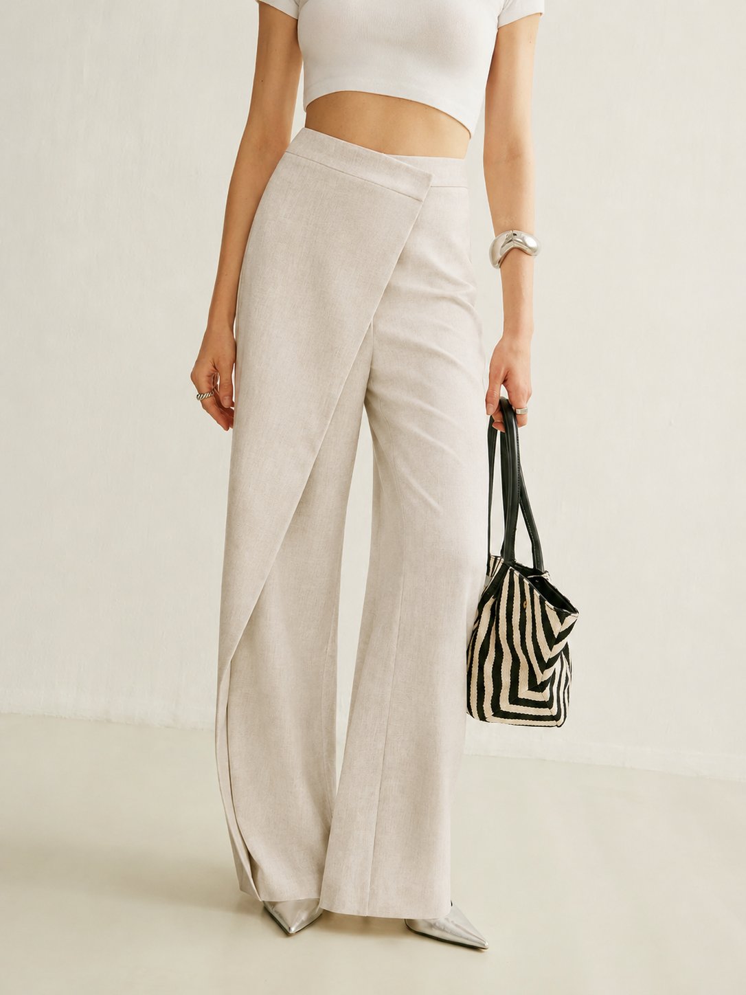 Effortless Wrap Front Wide Leg Pants for Women with High Waist Flared Tailored Casual Style