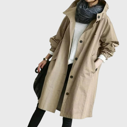 Effortless Hooded Trench Coat for Women with Stand Collar Long Sleeve Oversized Longline Style