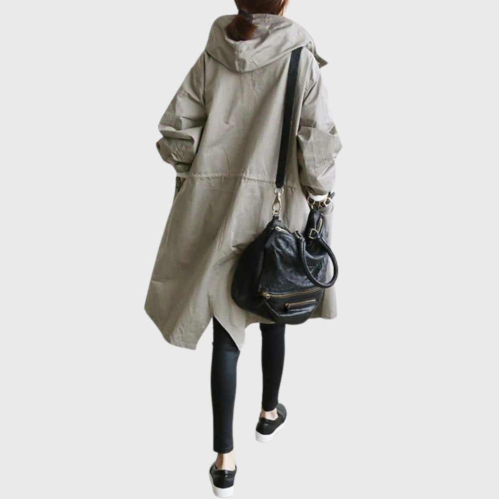 Effortless Hooded Trench Coat for Women with Stand Collar Long Sleeve Oversized Longline Style