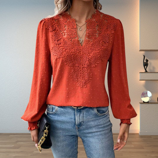 Effortless Swiss Dot Lace Blouse for Women with V Neck Long Sleeve Crochet Trim Relaxed Style