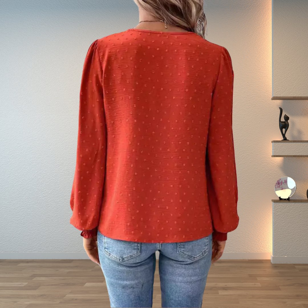 Effortless Swiss Dot Lace Blouse for Women with V Neck Long Sleeve Crochet Trim Relaxed Style