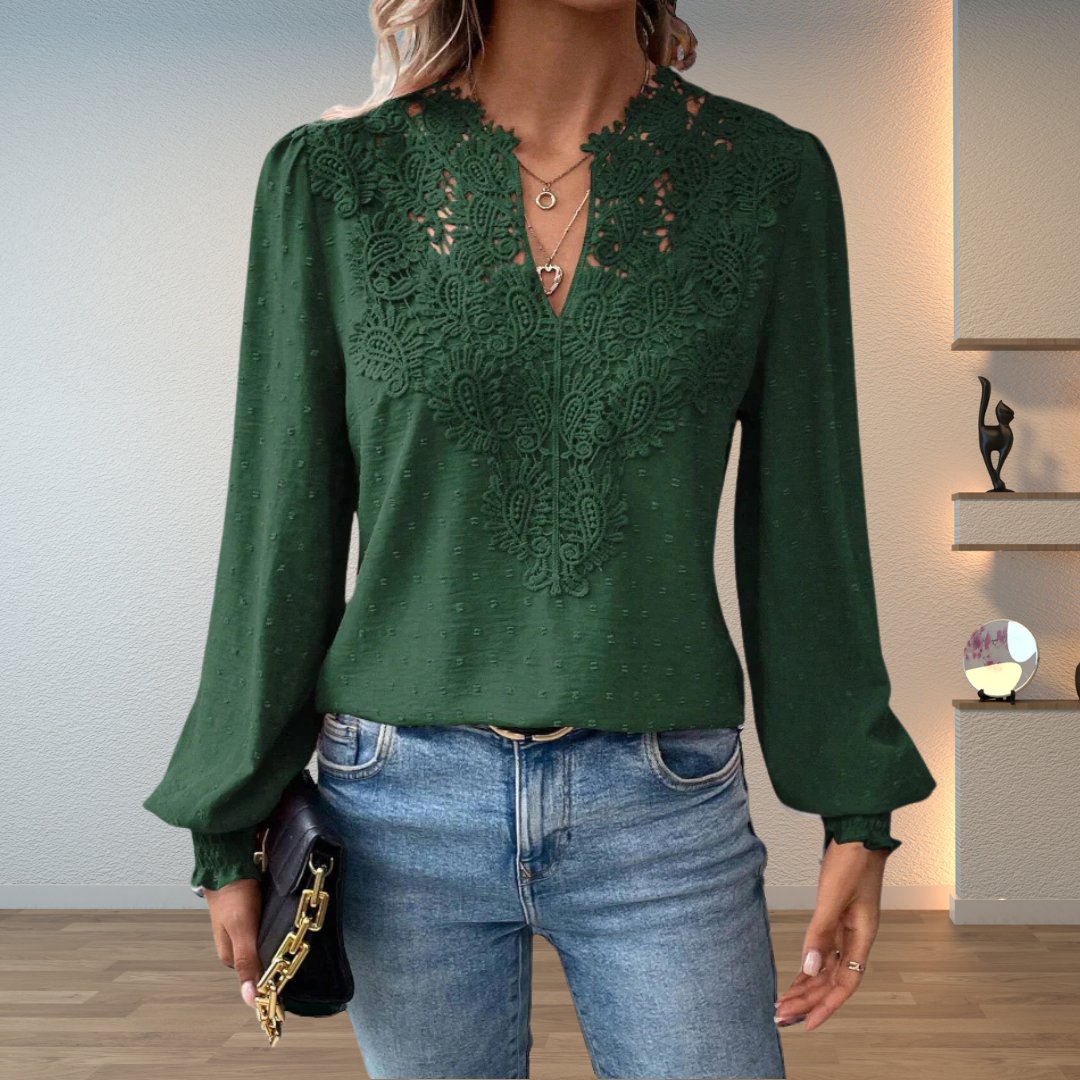 Effortless Swiss Dot Lace Blouse for Women with V Neck Long Sleeve Crochet Trim Relaxed Style