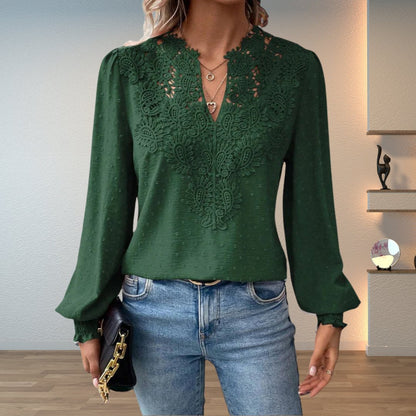 Effortless Swiss Dot Lace Blouse for Women with V Neck Long Sleeve Crochet Trim Relaxed Style