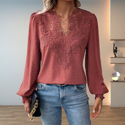 Effortless Swiss Dot Lace Blouse for Women with V Neck Long Sleeve Crochet Trim Relaxed Style