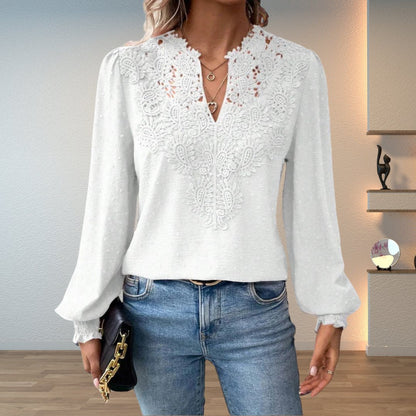 Effortless Swiss Dot Lace Blouse for Women with V Neck Long Sleeve Crochet Trim Relaxed Style