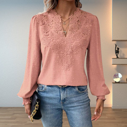 Effortless Swiss Dot Lace Blouse for Women with V Neck Long Sleeve Crochet Trim Relaxed Style
