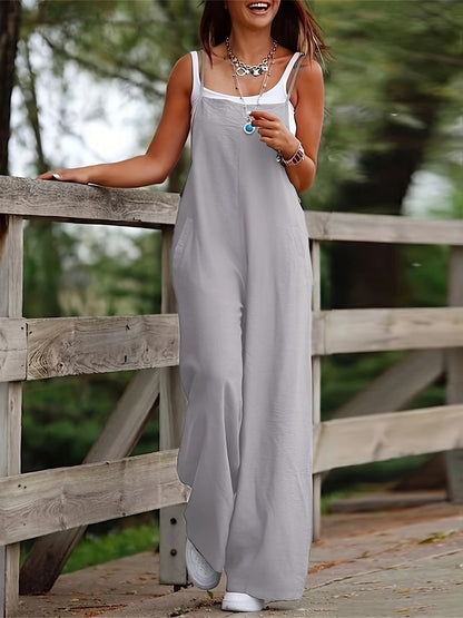 Effortless Linen Wide Leg Jumpsuit for Women with Square Neck Sleeveless Relaxed Casual Style