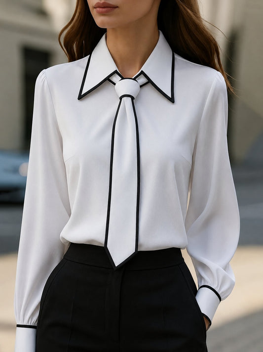 Elegant Contrast Trim Blouse for Women with Tie Neck Long Sleeve Button Cuff Silky Style