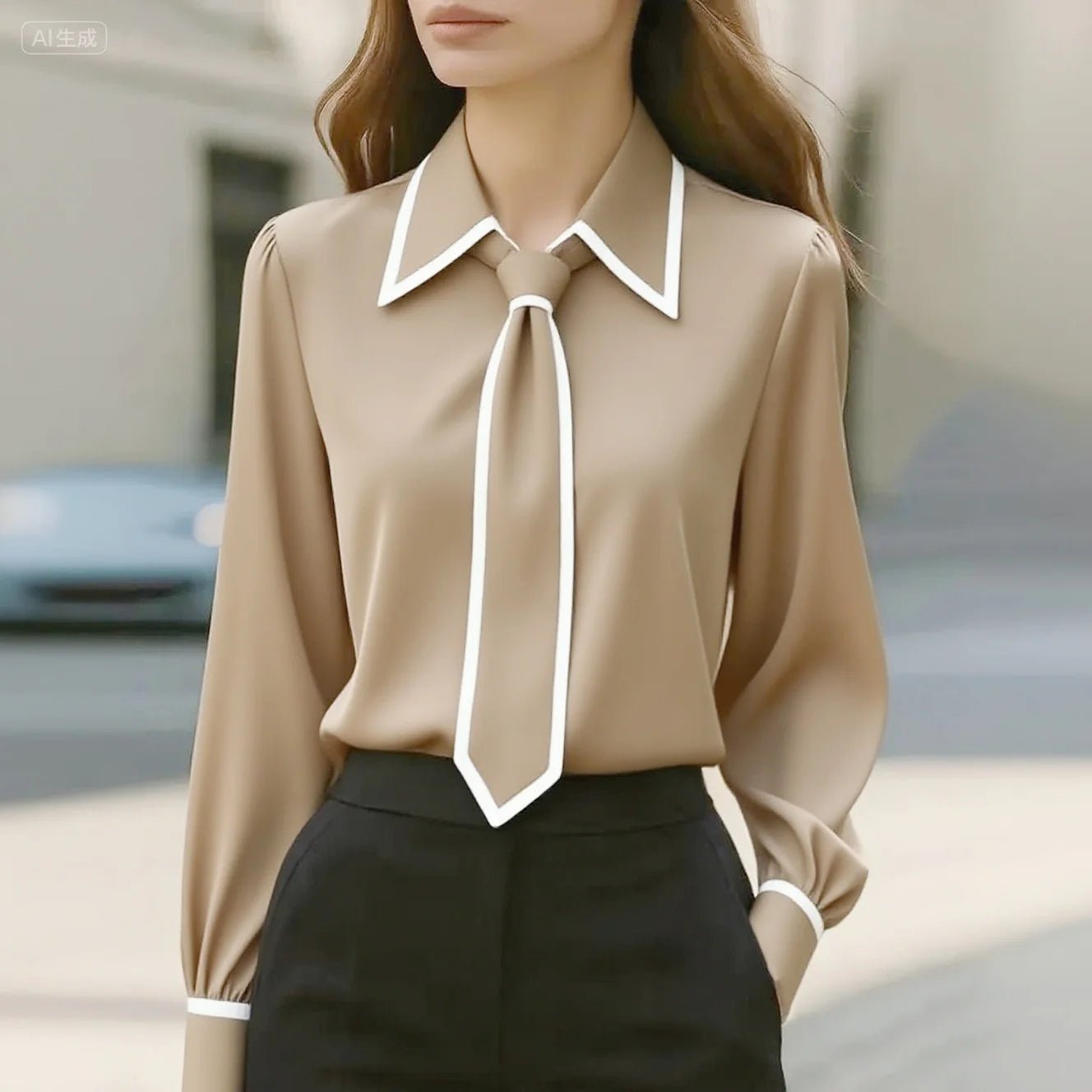 Elegant Contrast Trim Blouse for Women with Tie Neck Long Sleeve Button Cuff Silky Style