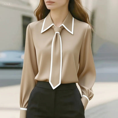 Elegant Contrast Trim Blouse for Women with Tie Neck Long Sleeve Button Cuff Silky Style