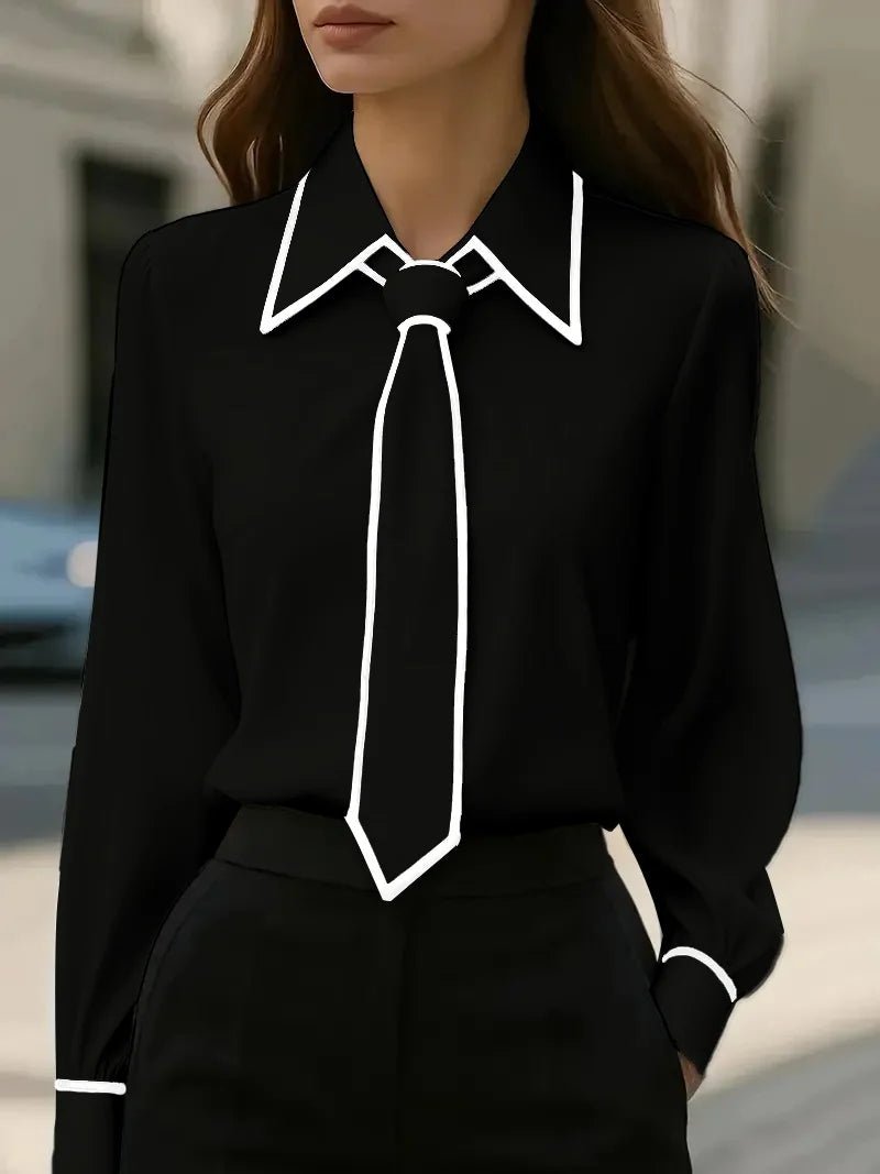 Elegant Contrast Trim Blouse for Women with Tie Neck Long Sleeve Button Cuff Silky Style