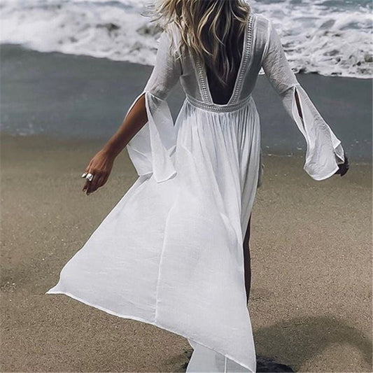 Effortless White Cover Up Maxi Dress for Women with V Neck Bell Sleeve Open Front Flowing Bohemian Style