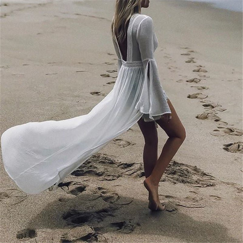 Effortless White Cover Up Maxi Dress for Women with V Neck Bell Sleeve Open Front Flowing Bohemian Style