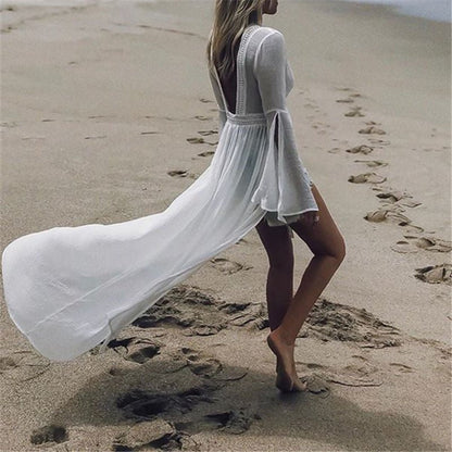 Effortless White Cover Up Maxi Dress for Women with V Neck Bell Sleeve Open Front Flowing Bohemian Style