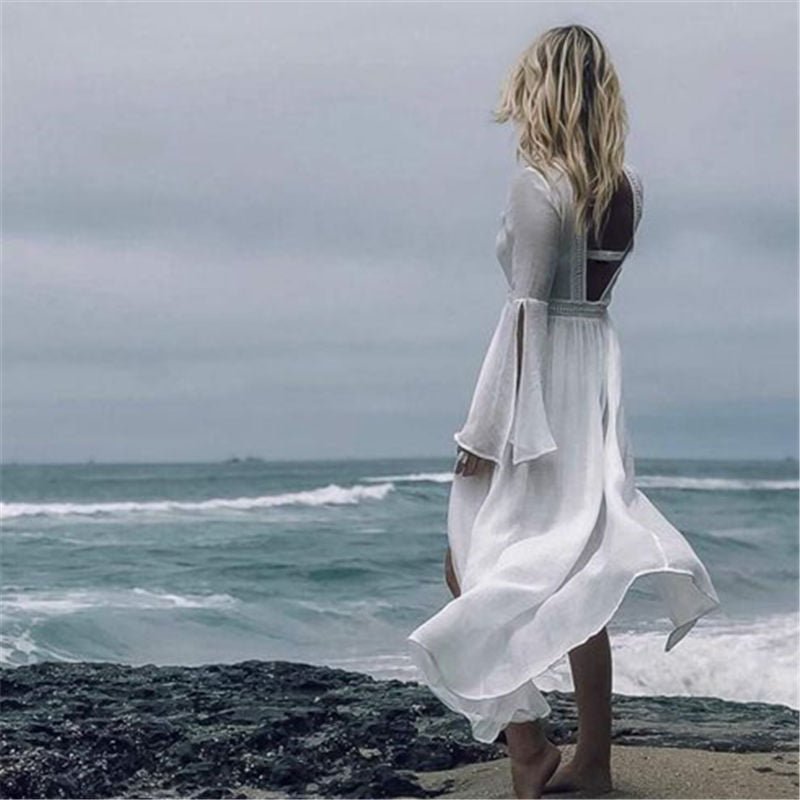 Effortless White Cover Up Maxi Dress for Women with V Neck Bell Sleeve Open Front Flowing Bohemian Style