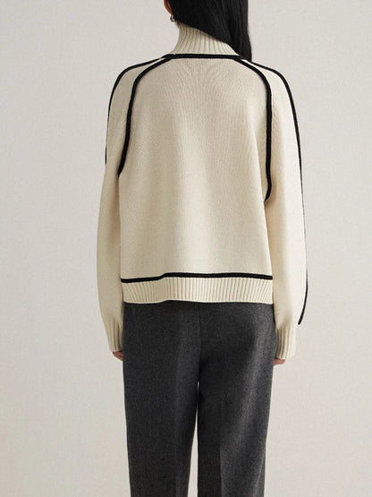 Comfortable Contrast Piping Sweater for Women with Turtleneck Long Sleeve Relaxed Oversized Knit Style