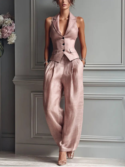 Elegant Light Pink Linen Two Piece Set for Women with Notched Lapel Button Front Waistcoat Wide Leg Pant Formal Style
