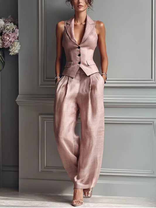 Elegant Light Pink Linen Two Piece Set for Women with Notched Lapel Button Front Waistcoat Wide Leg Pant Formal Style