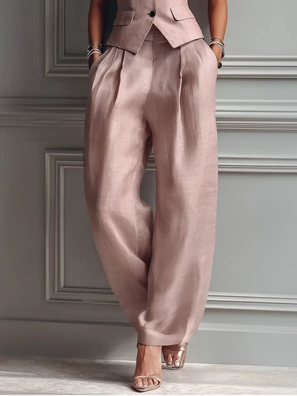 Elegant Light Pink Linen Two Piece Set for Women with Notched Lapel Button Front Waistcoat Wide Leg Pant Formal Style
