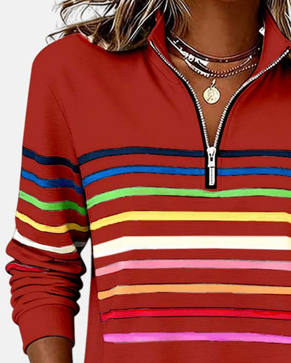 Comfortable Rainbow Striped Quarter Zip Sweatshirt for Women with Stand Collar Long Sleeve Relaxed Knit Style