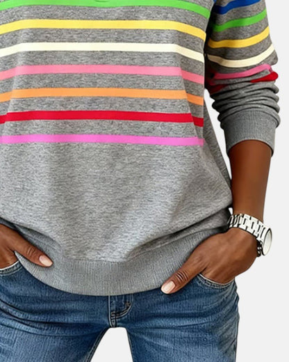 Comfortable Rainbow Striped Quarter Zip Sweatshirt for Women with Stand Collar Long Sleeve Relaxed Knit Style
