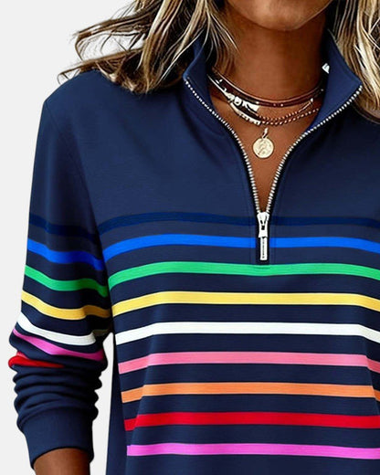 Comfortable Rainbow Striped Quarter Zip Sweatshirt for Women with Stand Collar Long Sleeve Relaxed Knit Style