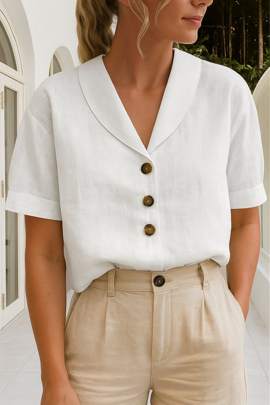 Effortless Linen Blouse for Women with Notched Collar Short Sleeve Button Front Relaxed Style
